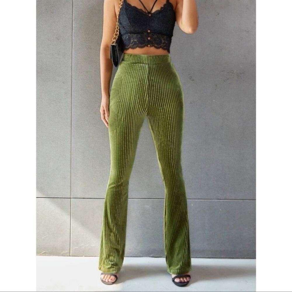 Green velvet flare pants